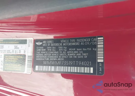 2009 Mini Cooper S z USA, uszkodzony, nr VIN WMWMF73519TT94021